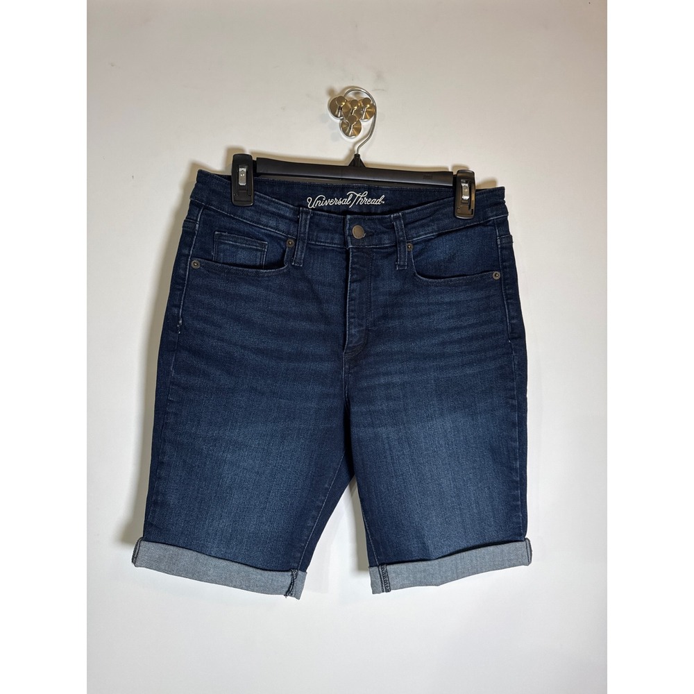 Universal Thread Womens High-Rise Midi Denim Shorts Dark Wash Cuffed Size 10/30R